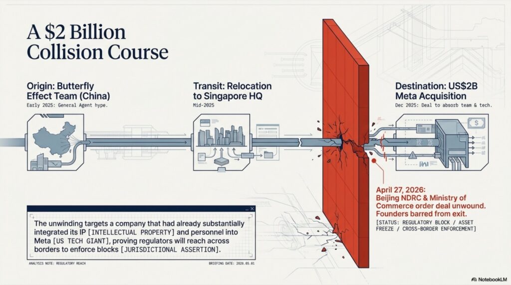 Timeline diagram showing Manus origin in China, transit to Singapore HQ, and Meta acquisition blocked by Beijing