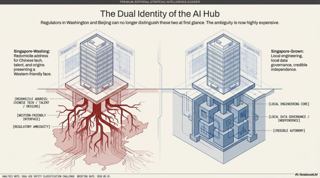 Two Singapore HQ buildings side by side, one with red Chinese roots underground, one with clean local infrastructure