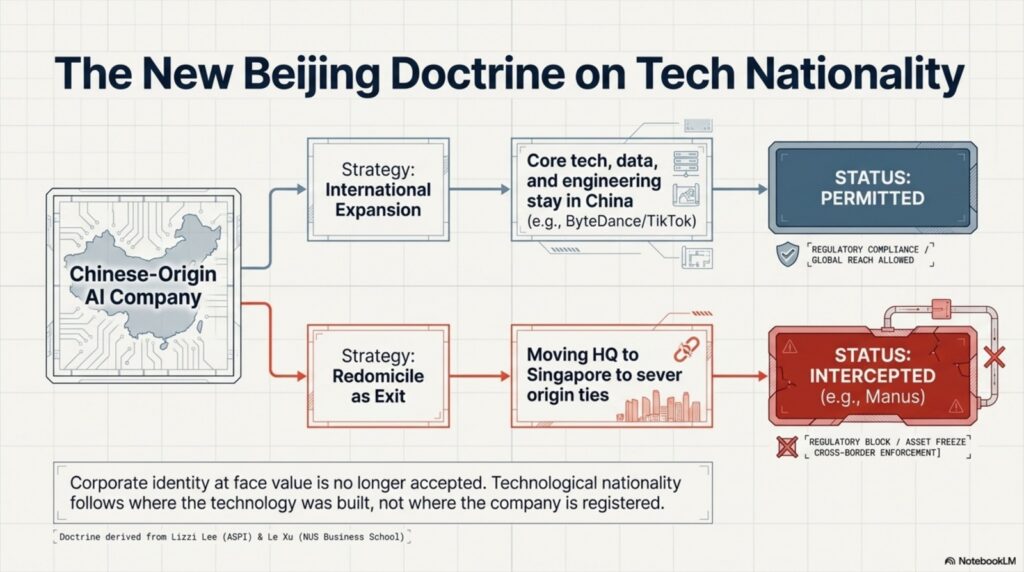 Flow chart contrasting permitted international expansion (ByteDance/TikTok) vs intercepted redomicile (Manus)