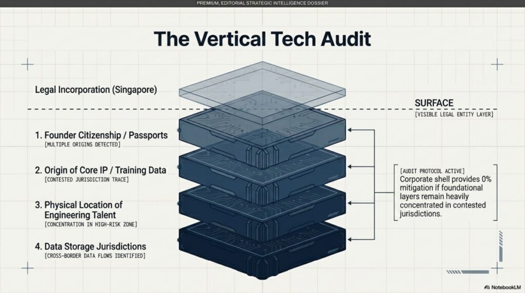 Stacked layers showing legal incorporation on top, with founder citizenship, IP origin, engineering location, and data jurisdiction underneath