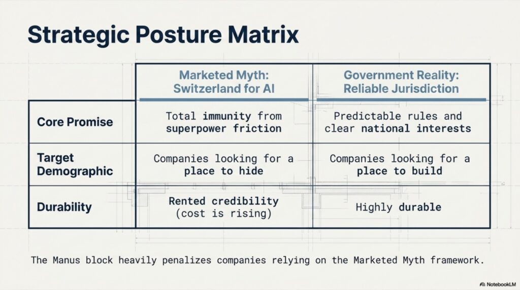 Two-column comparison table: Marketed Myth (Switzerland for AI) vs Government Reality (Reliable Jurisdiction)