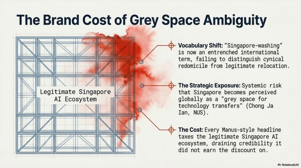 Singapore AI ecosystem framework being stained by red ink representing reputation contamination