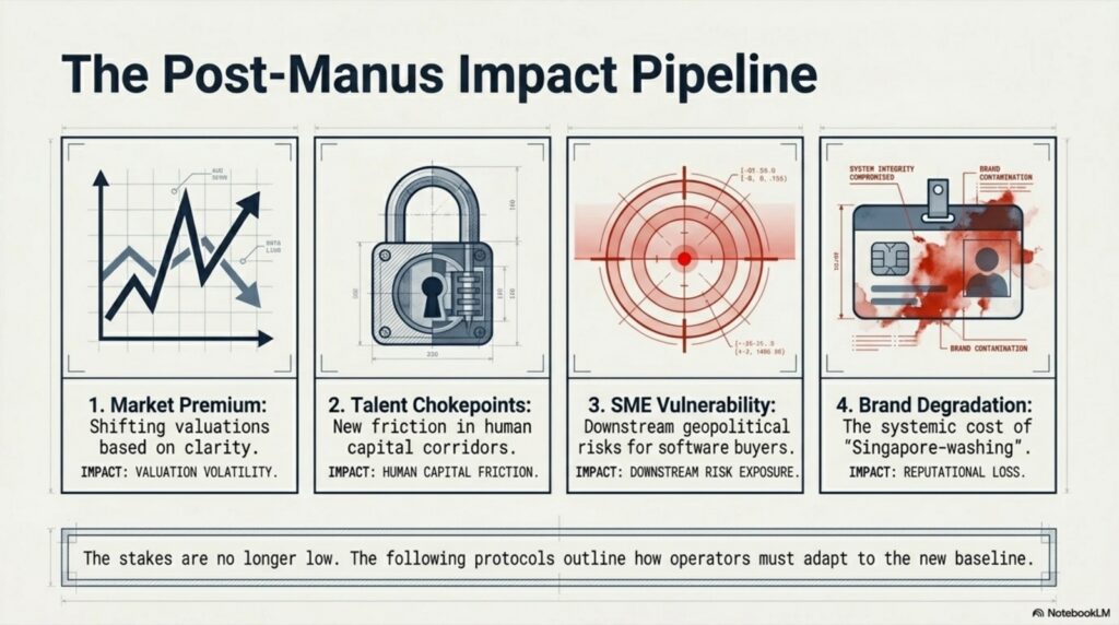 Four-panel diagram: Market Premium, Talent Chokepoints, SME Vulnerability, Brand Degradation