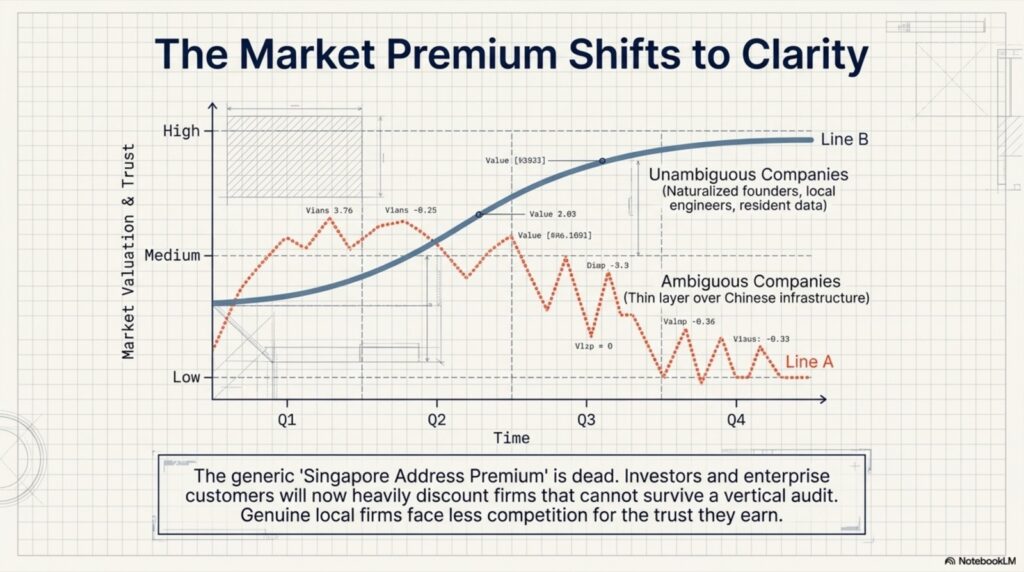 Line chart with unambiguous companies trending up and ambiguous companies trending down across four quarters