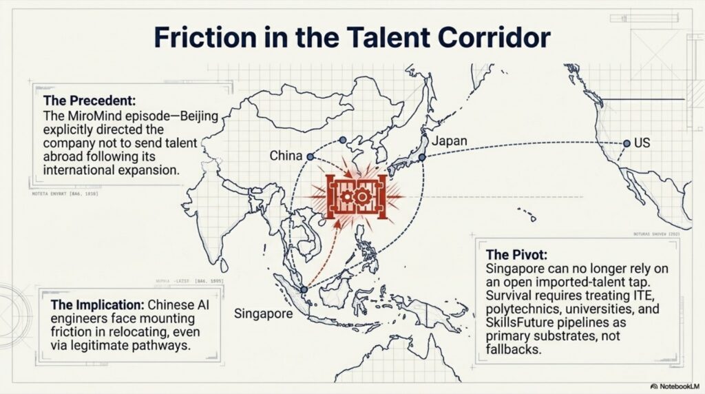 Map of East Asia-Pacific showing blocked talent flows from China to Singapore, Japan, and the US