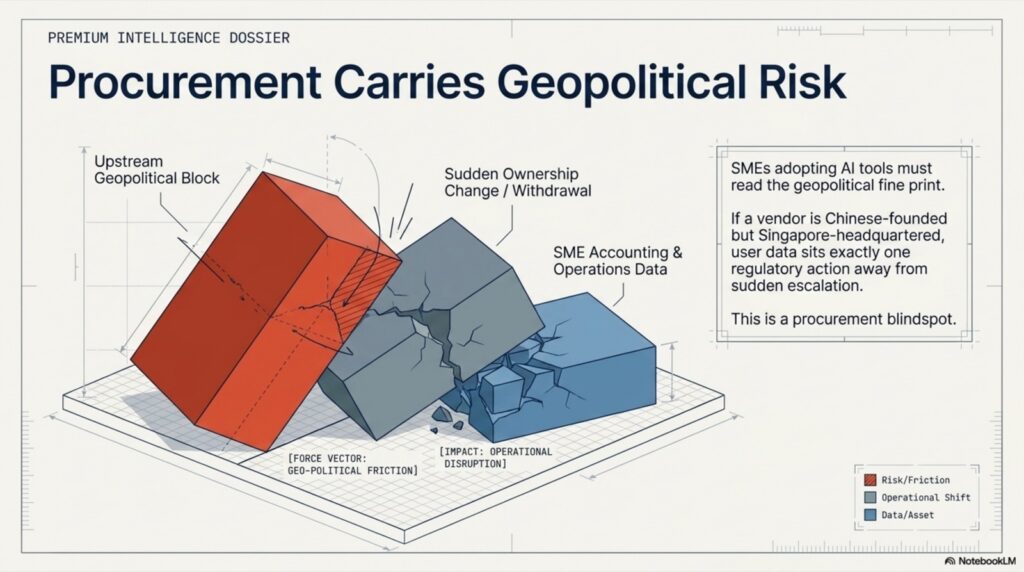 Block diagram showing upstream geopolitical block crashing into SME accounting and operations data
