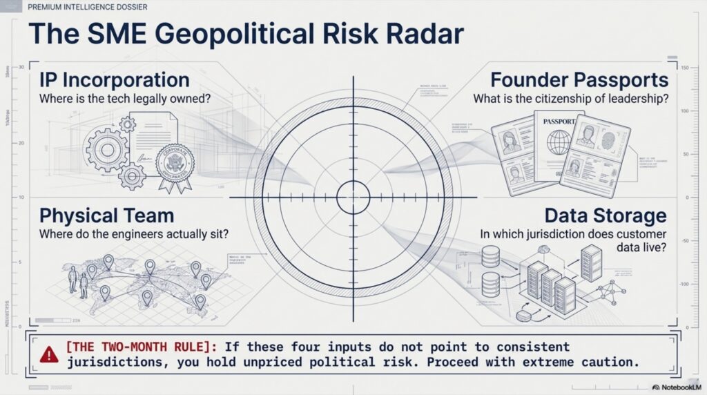 Radar diagram with four checkpoints: IP incorporation, founder passports, physical team, data storage