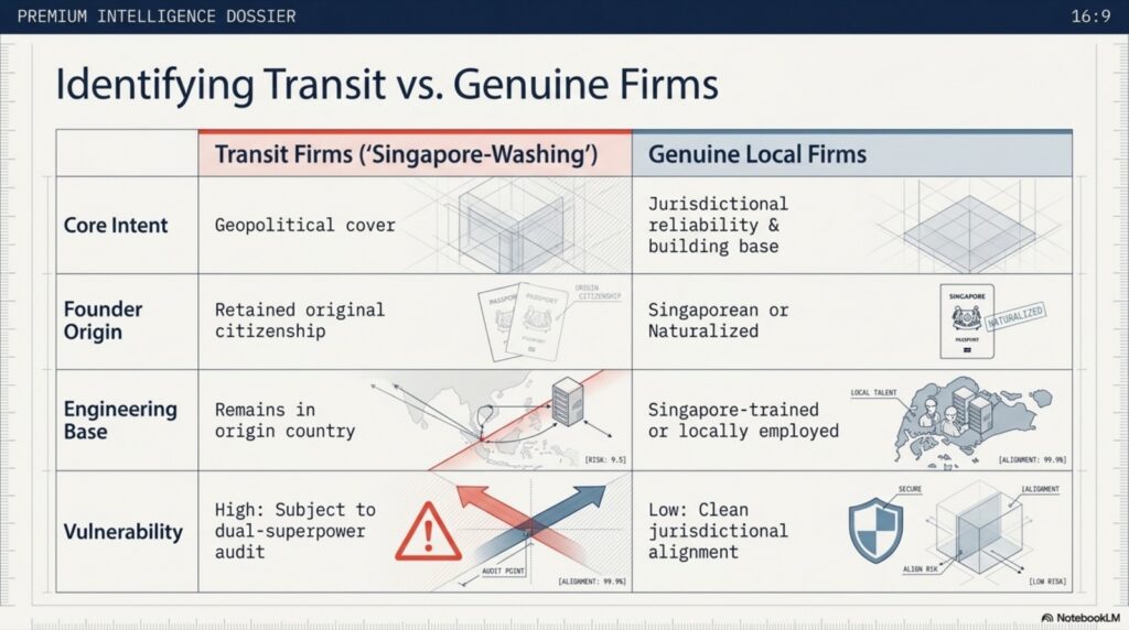 Comparison table: transit firms ("Singapore-Washing") vs genuine local firms across core intent, founder origin, engineering base, and vulnerability