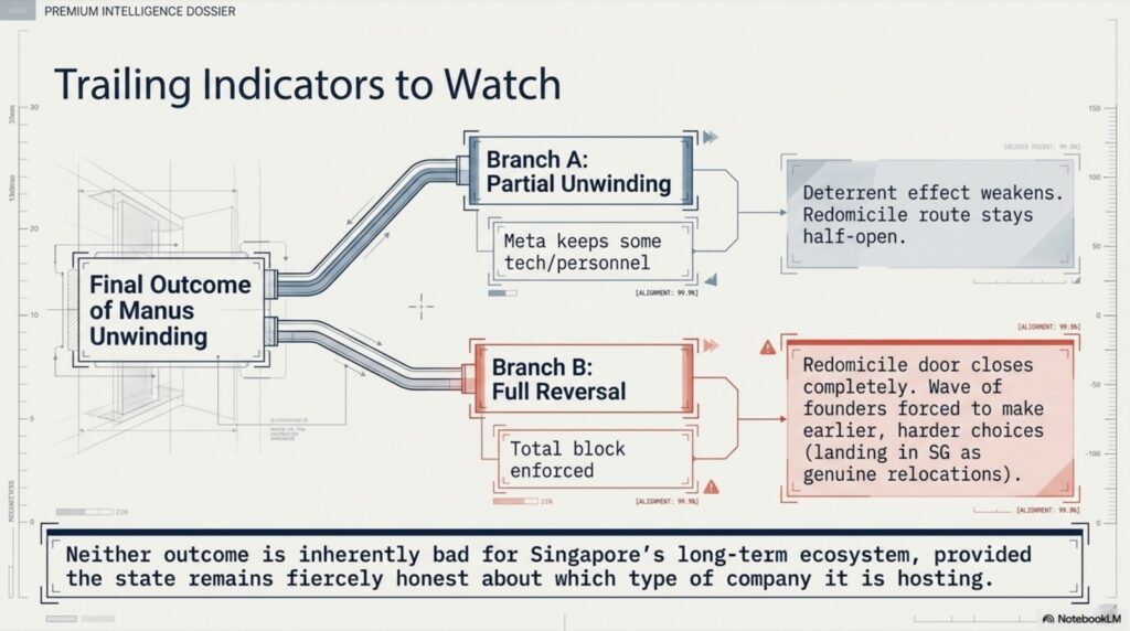 Two branches showing partial unwinding (deterrent weakens) vs full reversal (redomicile door closes, founders relocate genuinely)